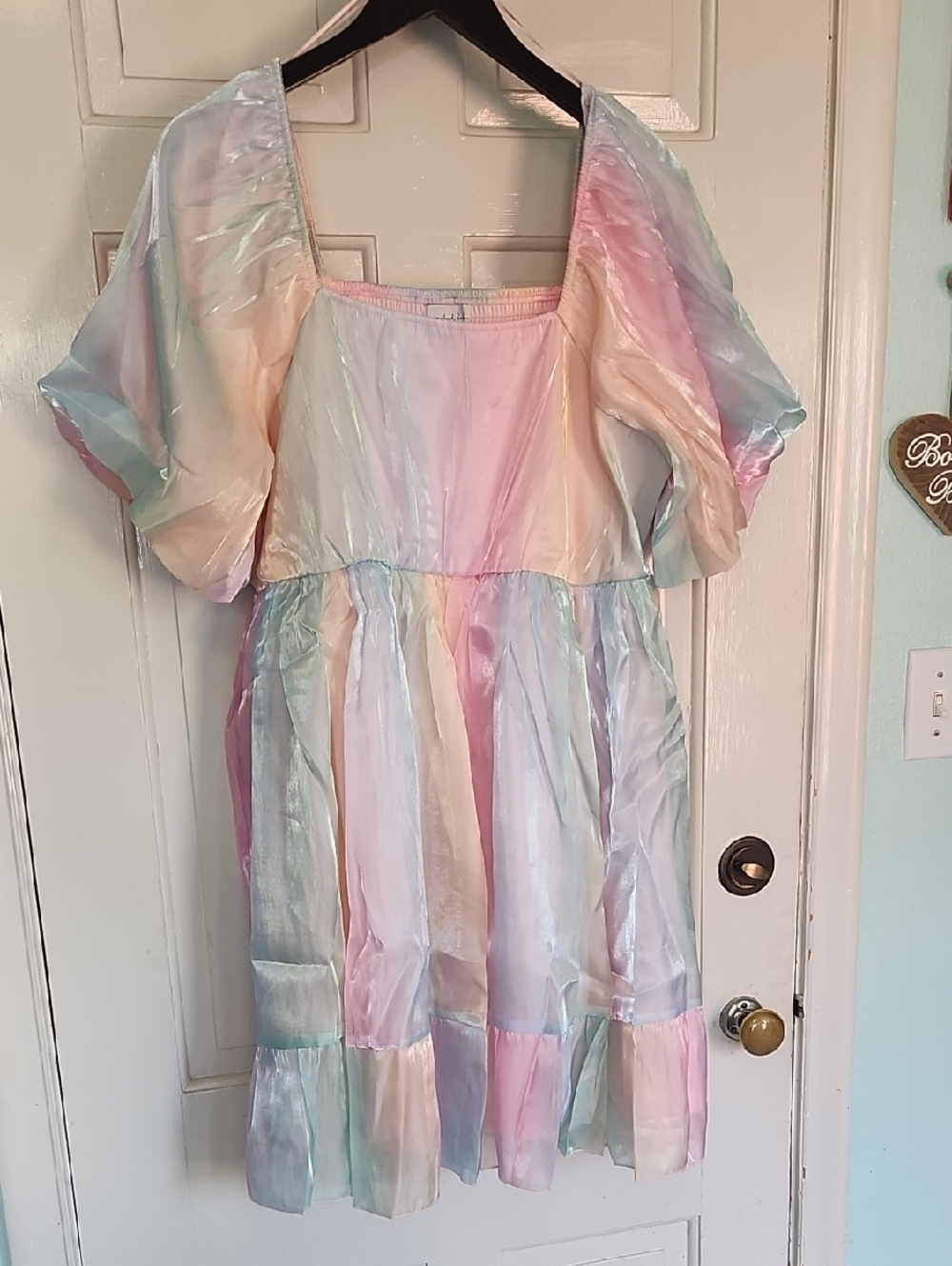 Never Worn Pastel Rainbow Midi Dress with Puff Sleeves